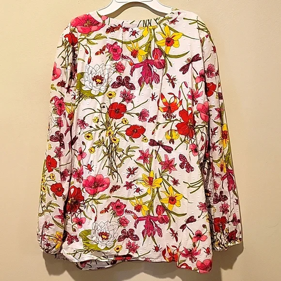 ❤️ TALBOTS COTTON FLORAL DRAGONFLY PRINT SPLIT NECK TOP, LARGE - Picture 7 of 7